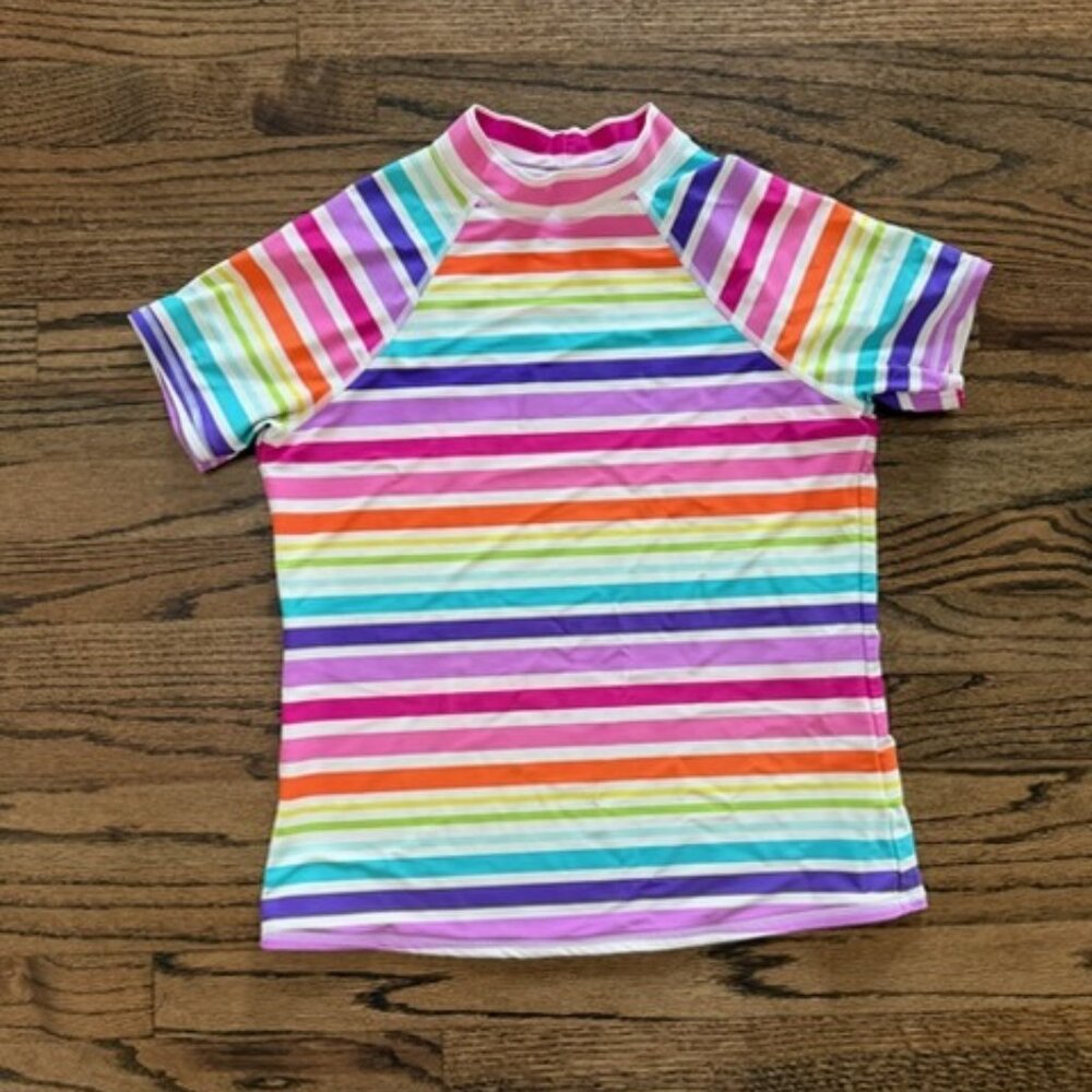 Lands’ End Girls Rash Guard Size 16 Rainbow Stripe Swim Top